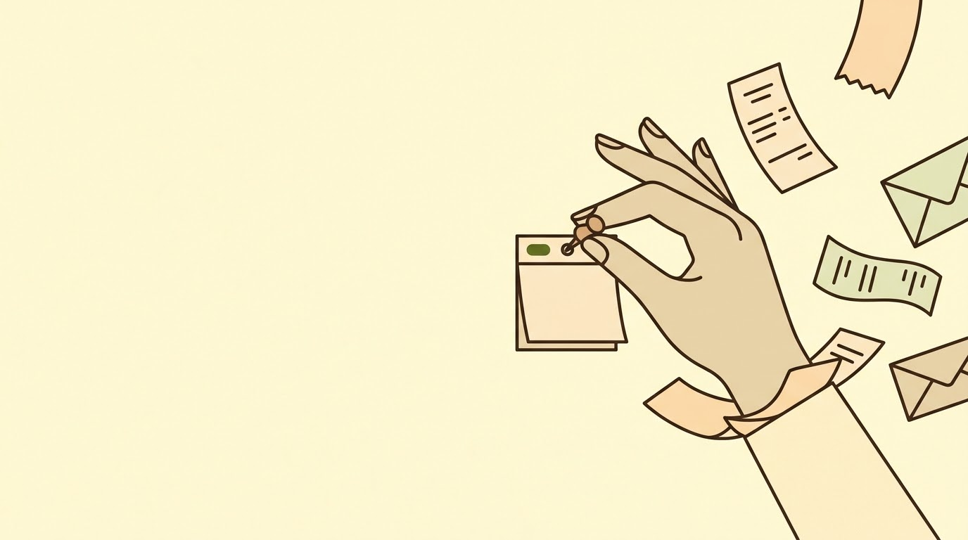 Illustration: a hand pins a small calendar page in place while receipts, bills and envelopes drift away.